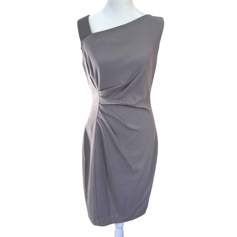 Elie Tahari Sheath Dress‎ Sz 4 Gray Asymmetrical Leather Trim Quiet Luxury Luxe